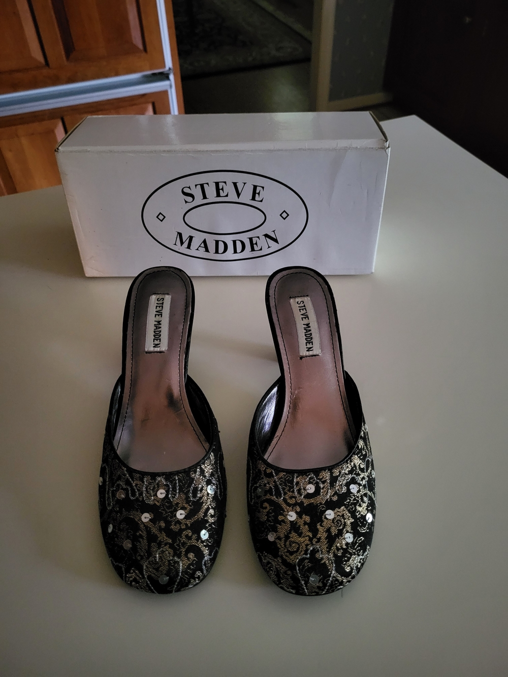 Steve Madden Black and Gold Embellished Slide Mules